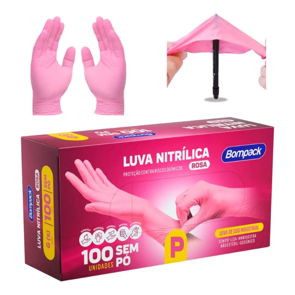 Kit 100 luva nitrílica sem pó rosa descartáveis resistente com certificado antialérgica
