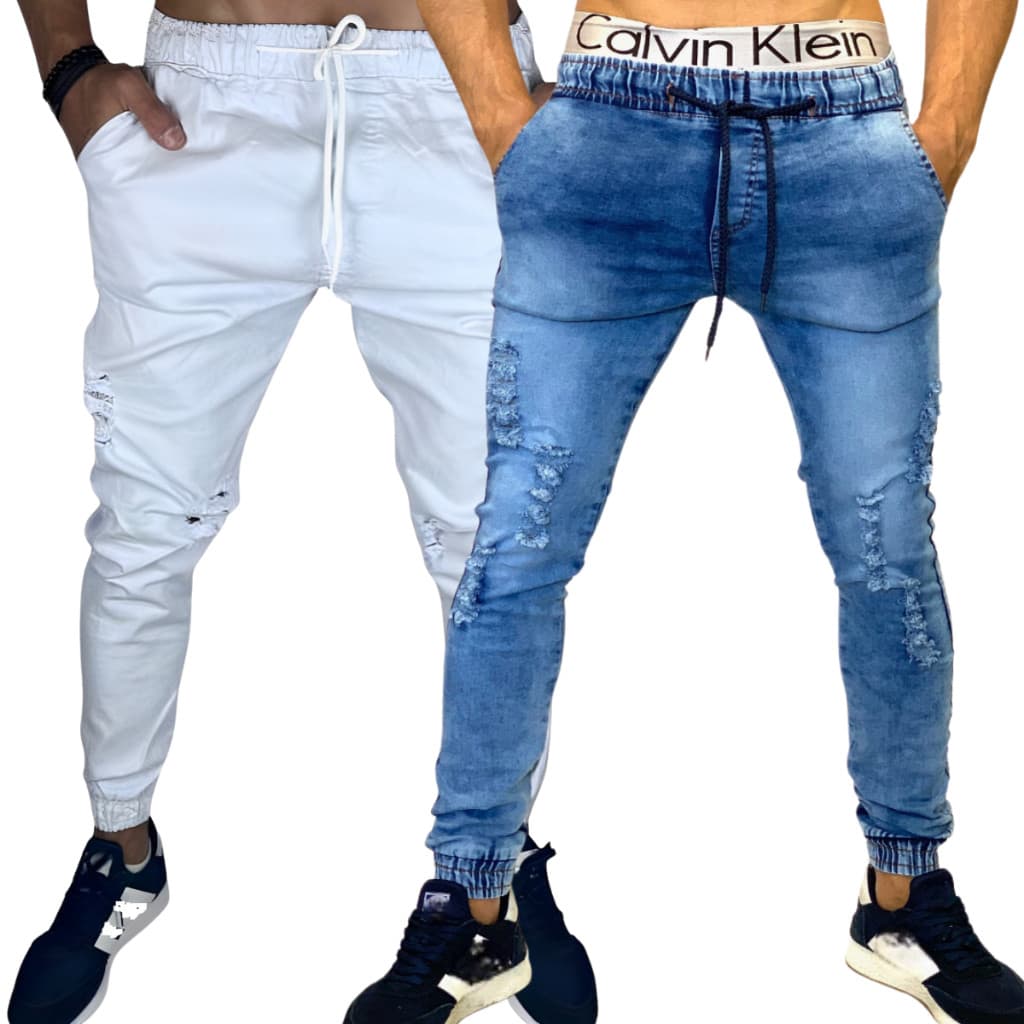 Kit 2 Calças Jogger Masculina Jeans e Sarja Rasgada e lisa Com Punho Elastico e cordão de ajuste