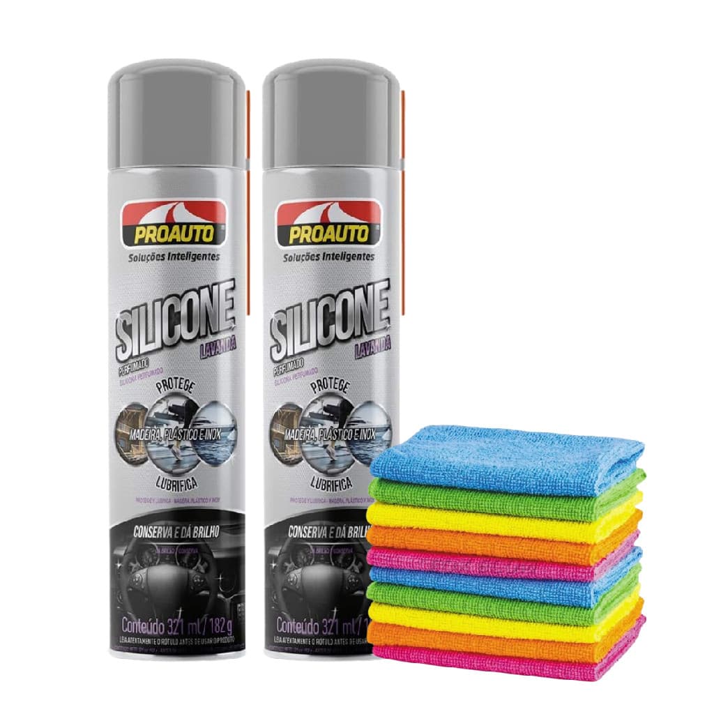 Kit C/ 2 Silicone Spray Lavanda Plástico Madeira Inox Carros Proauto 321ml + Pano