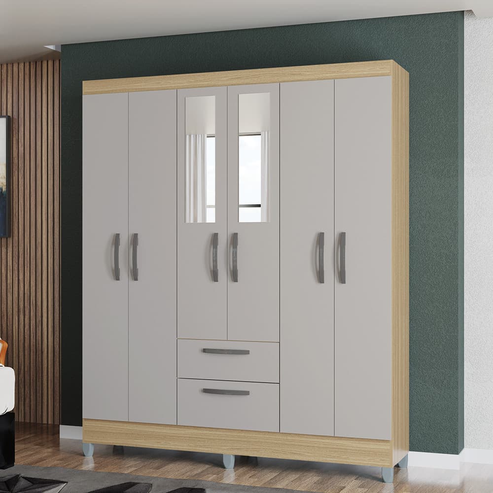 Guarda Roupa Casal com Espelho e Pés 6 Portas 2 Gavetas Multi Poquema