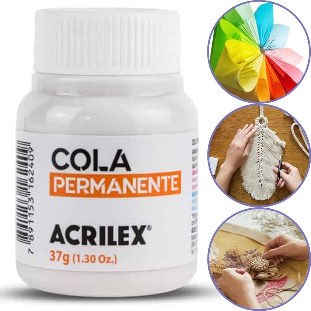 Cola Permanente 37g Acrilex Fixação Rápida Duradoura Versátil p/ Tecido Madeira Papel Plastico