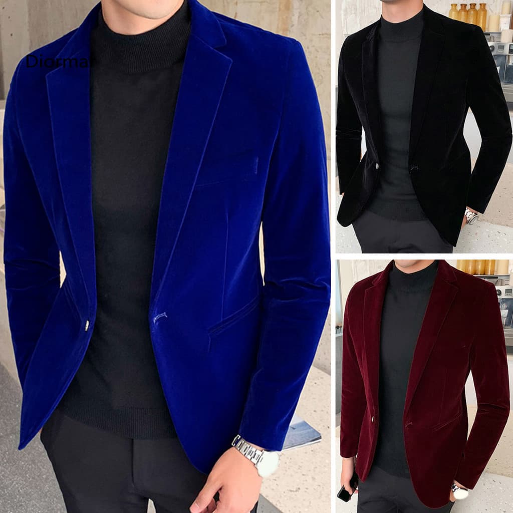 < showpoweram > Primavera Masculina Blazer Cor Sólida Turndown Colarinho Manga Longa Fino Ajuste Único Botão Veludo Tern