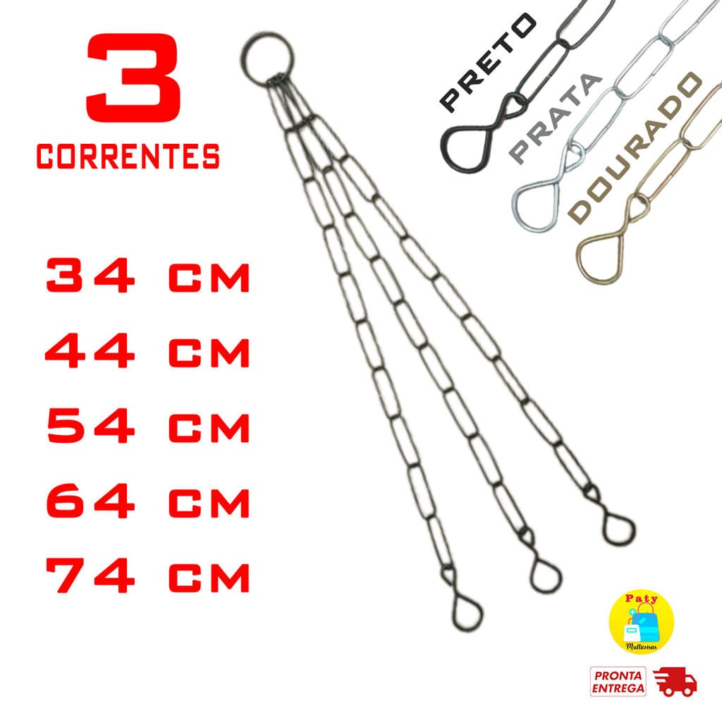 Kit 1 a 3 Corrente de pendurar vasos metal prato gancho 34 44 54 64 74 cm