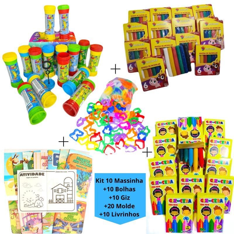 Kit 10 Cx Massinha de Modelar + 10 Bolha Sabão+ 10 Cx Giz Cera +20 Molde + 10 Livrinhos Colorir Lembrancinha Infantil