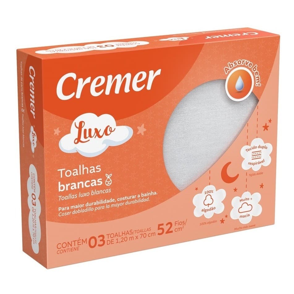 Toalha De Pano Branca Luxo Cremer 100 Algodao 1,20 X 70 Cm