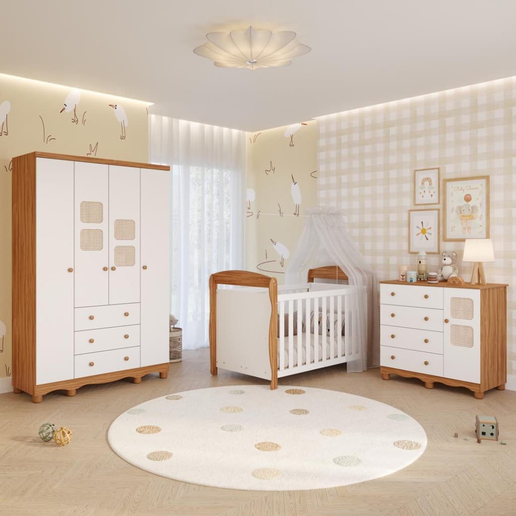 Quarto Bebê Completo Berço Americano Marquesa 3 em 1 Guarda Roupas 4 Portas Cômoda Telinha 100% MDF