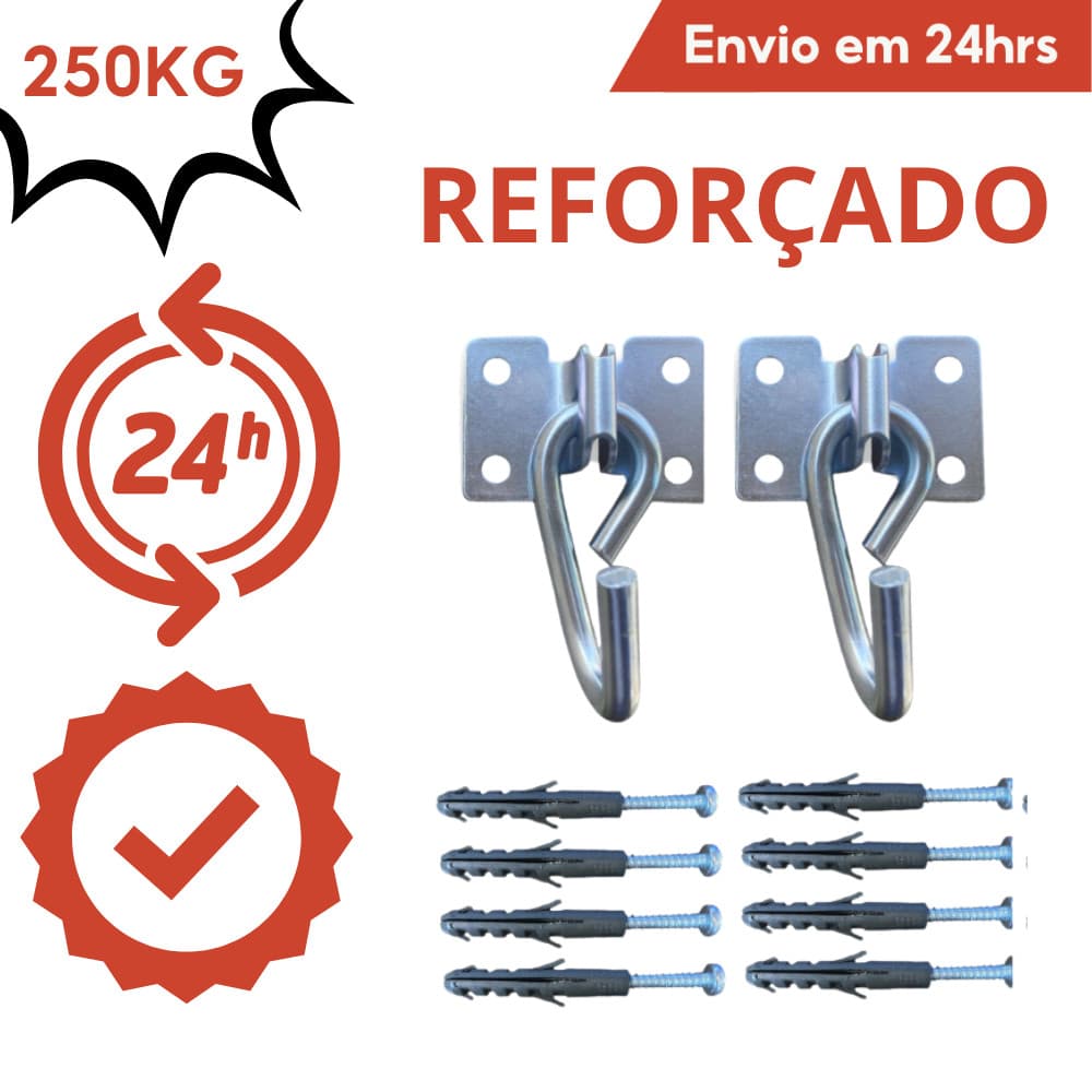 Kit Par Suporte Gancho De Rede Balanço 250kg Armador Aço Grosso Reforçado Com 8 Parafusos 8 Buchas