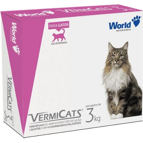 Vermífugo para Gatos VermiCats Plus World 3kg - 4 e 8 Comprimidos