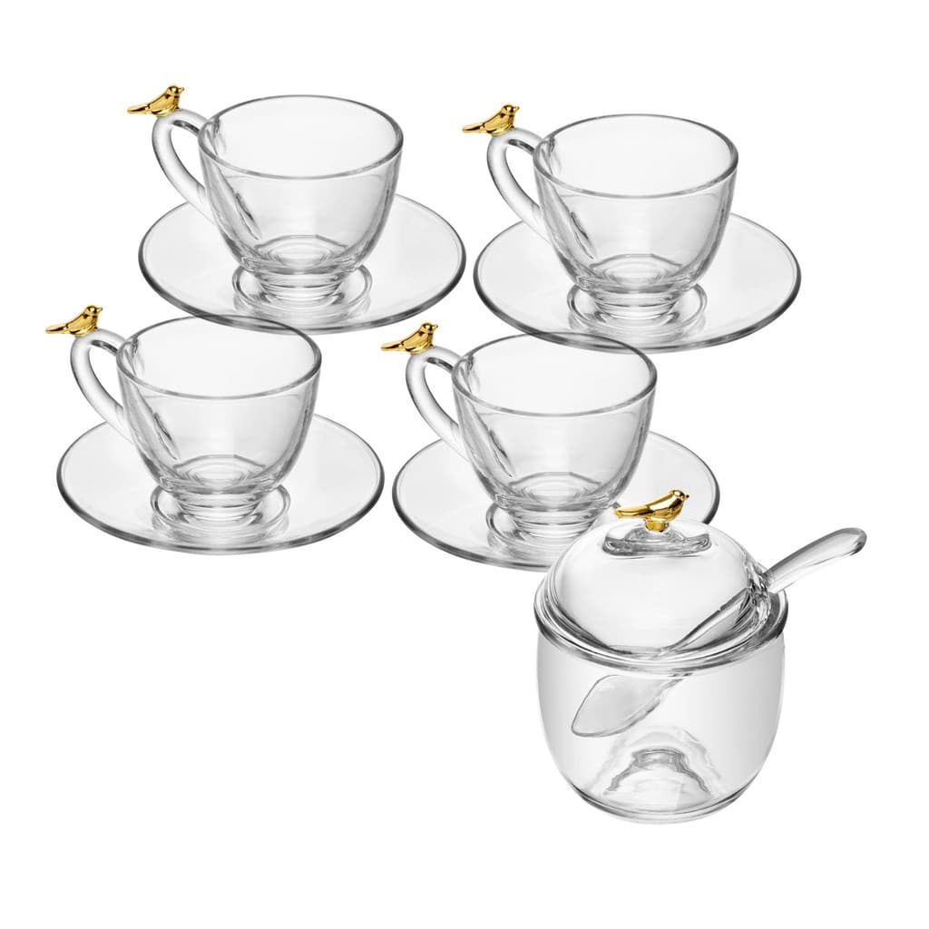 Kit 4 Xícaras de Café 80ml com Pires e Açucareiro Golden Bird Cristal - Wolff