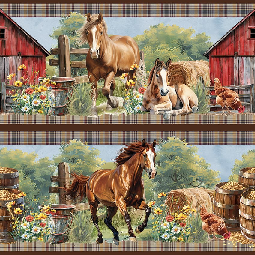 Tricoline Digital Barrado Cavalos na Fazenda, 55cm x 1,50m