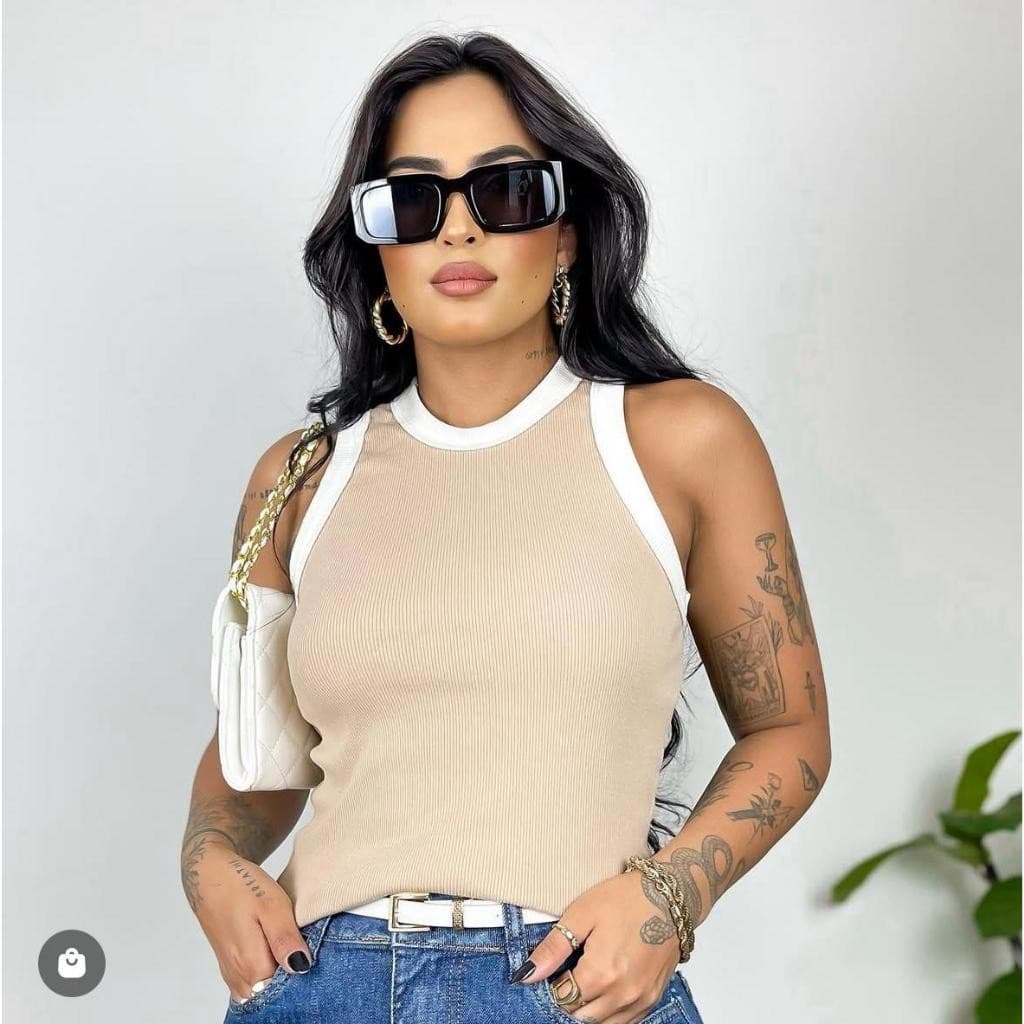 Kit 2 Blusas Feminina Bicolor Regata Canelada Ribana Premium Social Americana Basica Promoção