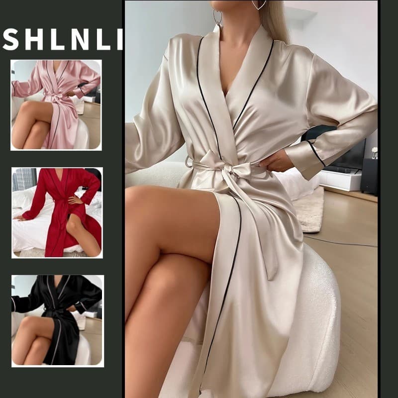 Primavera Outono Feminino Sexy Elegante Com Decote Em V Manga Comprida Robe De Cetim