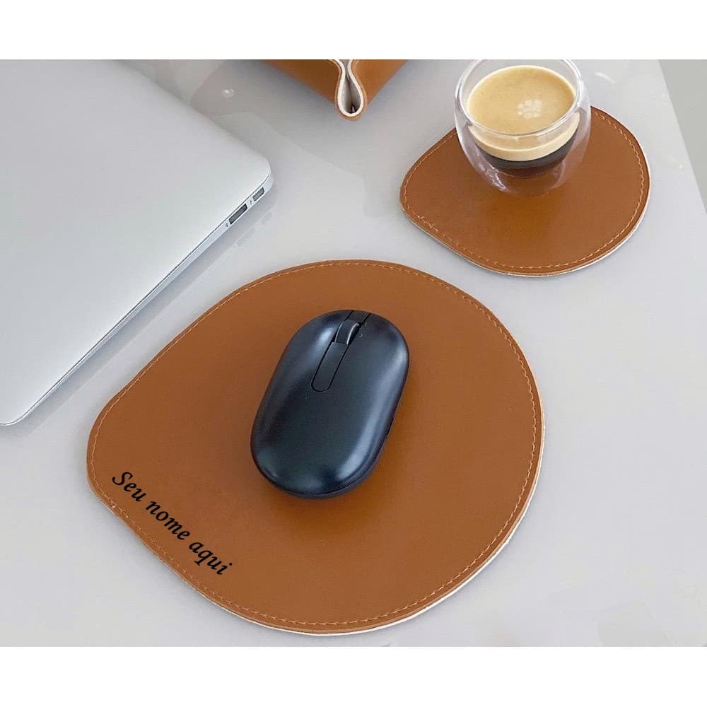 Mouse Pad + Porta Copos Couro eco Personalizado