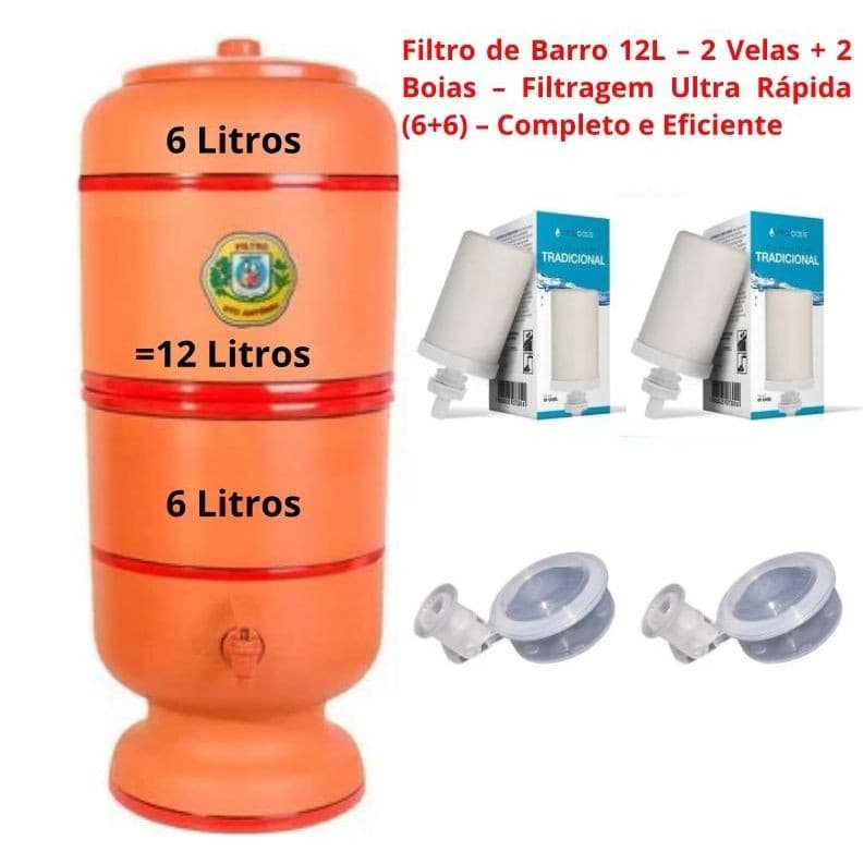Filtro de Barro 12L – 2 Velas + 2 Boias – Filtragem Ultra Rápida (6+6) – Completo e Eficiente