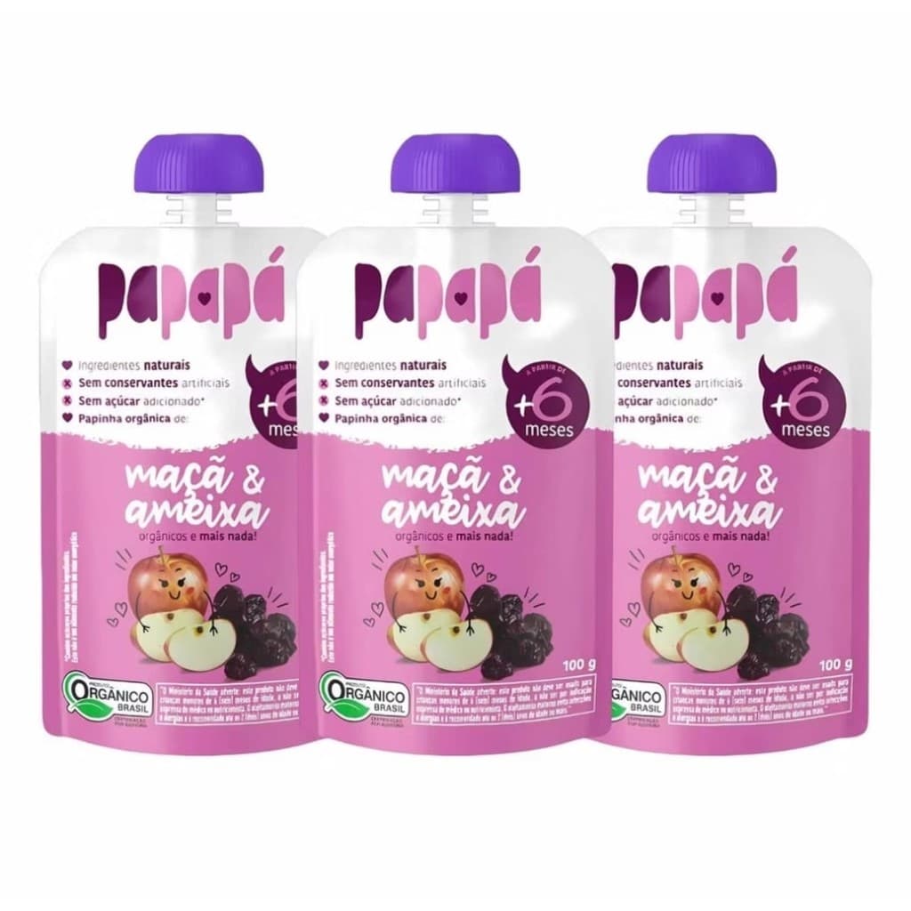 Papinhas de bebe maça e ameixa orgânica e sem açúcar kit 3