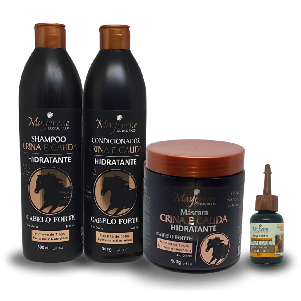 Kit Shampoo + Condicionador + Mascara + Reparador de Ponta Crina e Cauda 500g Maycrene Cabelos Lisos