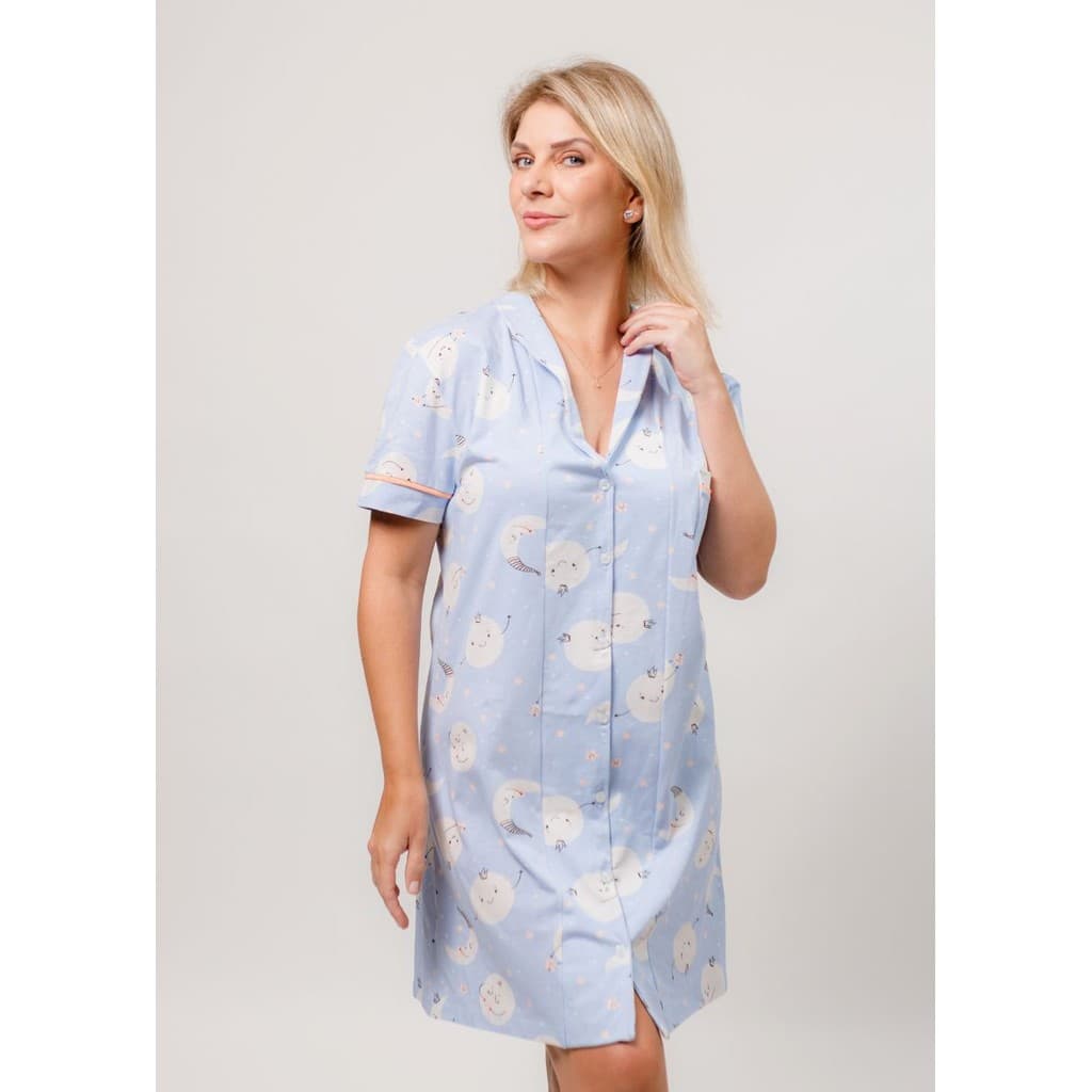 Camisola Americana com Botões na Frente Manga Curta Algodão Pós-Cirúrgico Amamentação Verão-Lua Azul