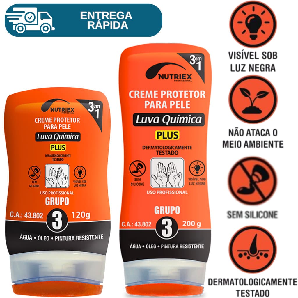 Creme De Proteção Luva Química Grupo 3 Nutriex Camada Invisivel Mãos Pele Água Óleo Pintura G3 Plus