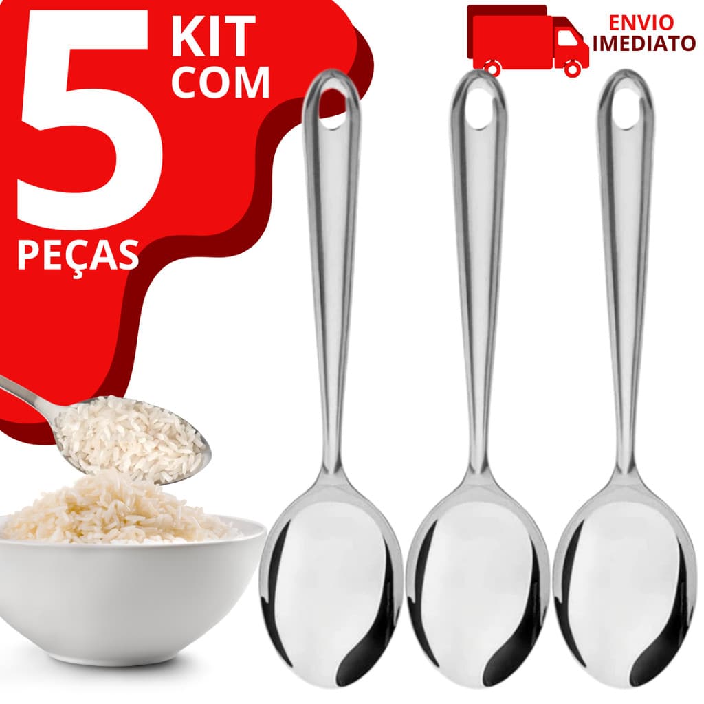 Kit 5 Colher Para Servir Arroz Grande Cabo Longo Aço Inox 25CM Para Cozinha e Restaurantes