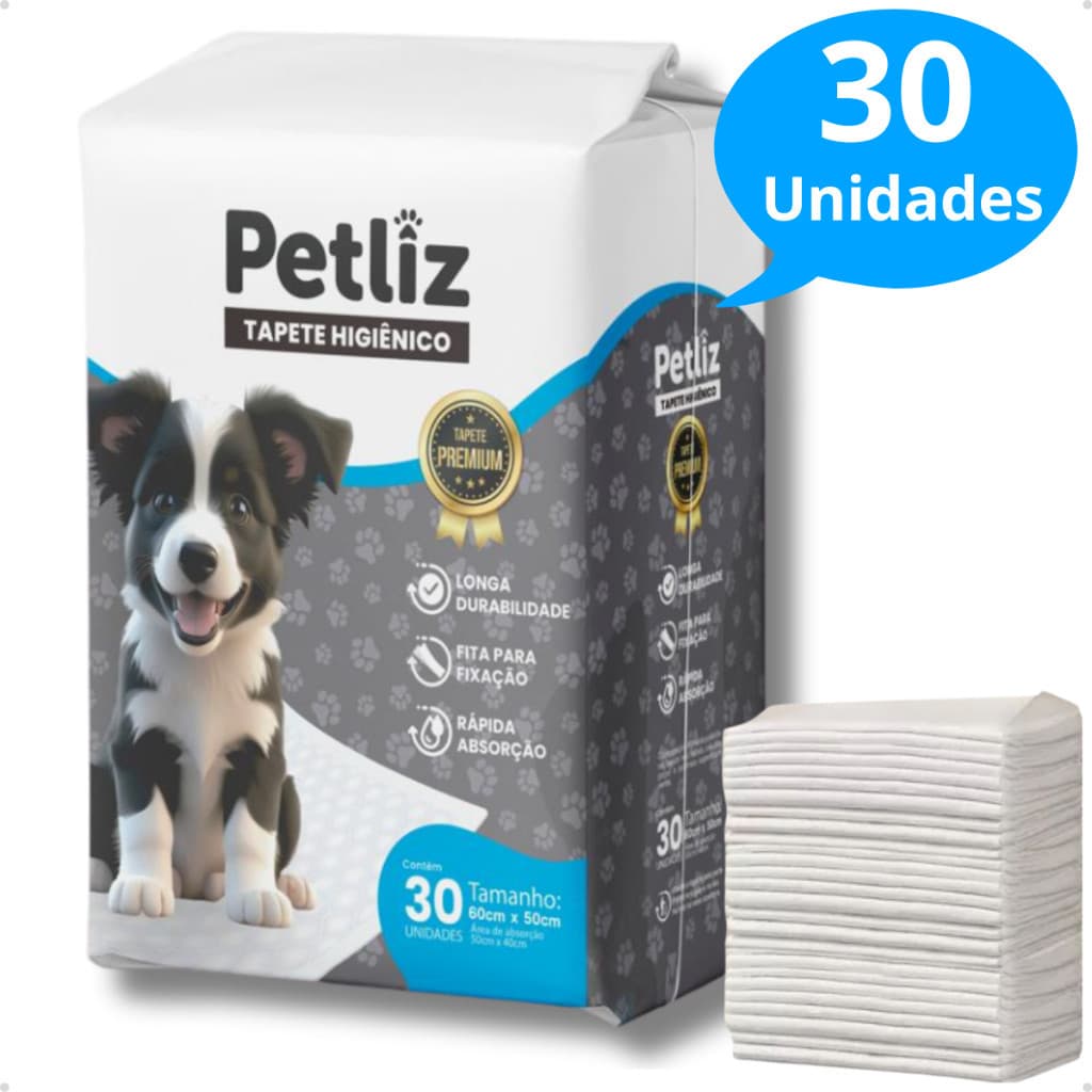 Kit com 1 ou 2 ou 3 Tapete Higiênico Descartável Premium Ultra Absorvente p Cachorro 60x50cm Petliz