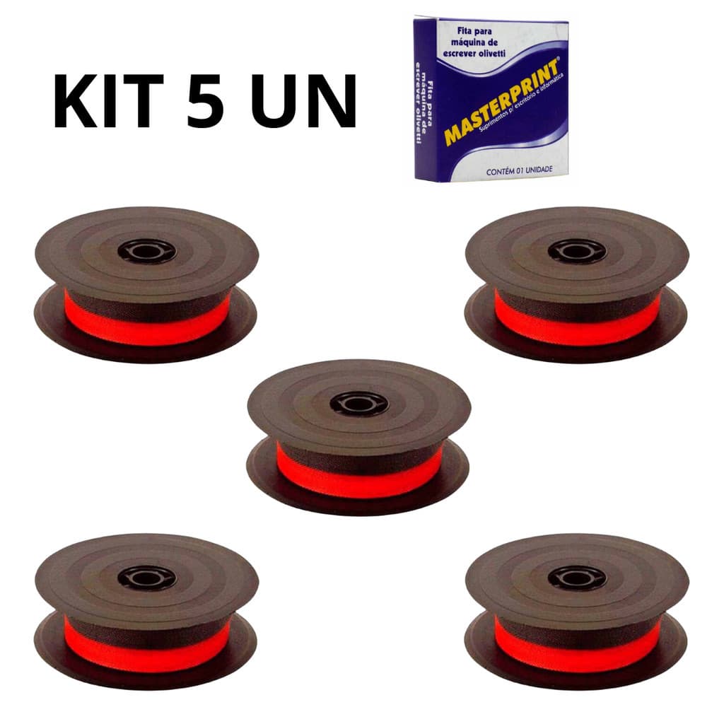 Kit 5 Fita Máquina de Escrever Olivetti Nylon PVF 40001 Preta e Vermelha Masterprint