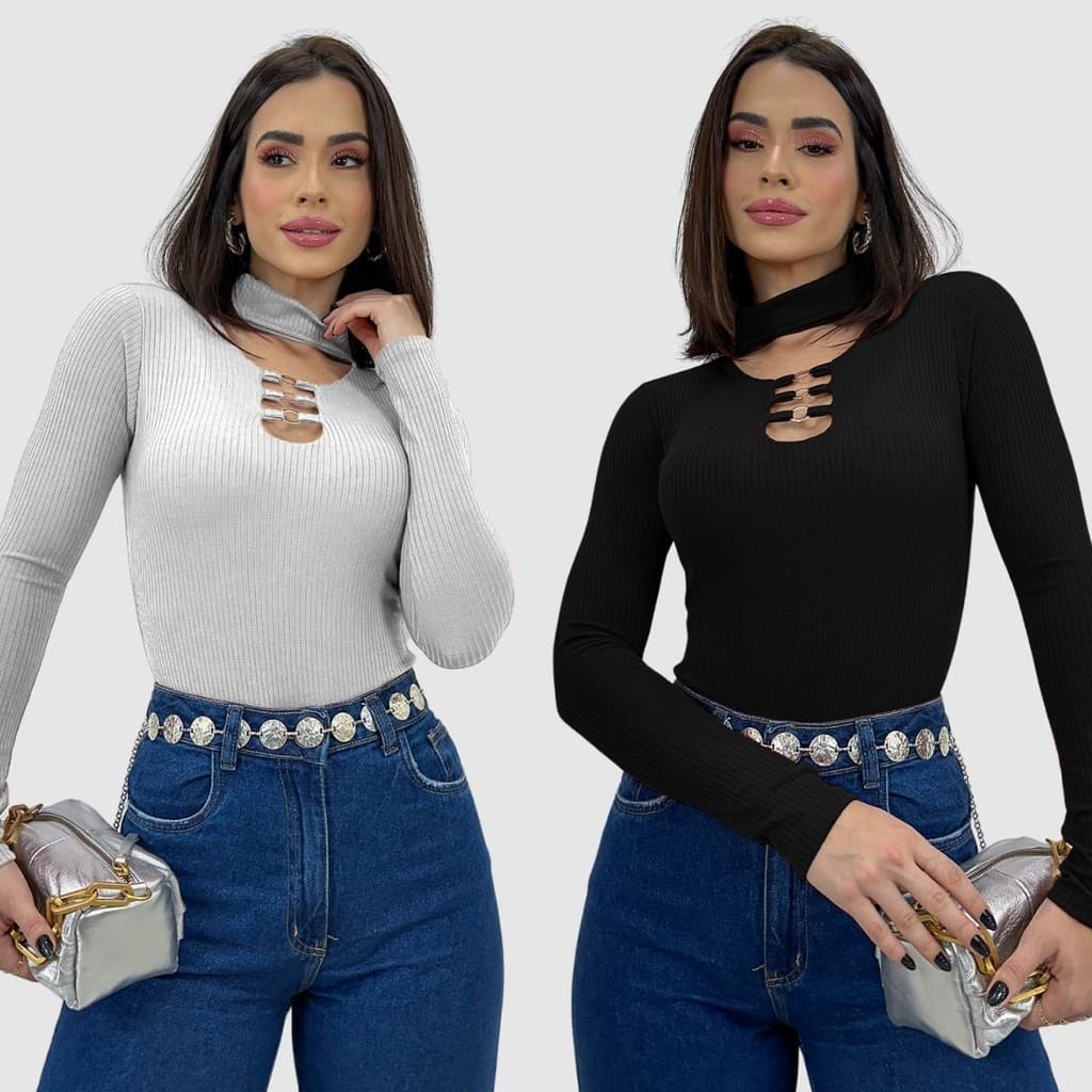 Kit 2 Body Canelado Feminino Manga Longa Com Detalhe Argola