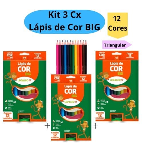 Kit 3 Caixas de Lápis de Cor Big 12 Cores Grande Jumbo 15cm Com Apontador Triangular Escolar Leo&Leo