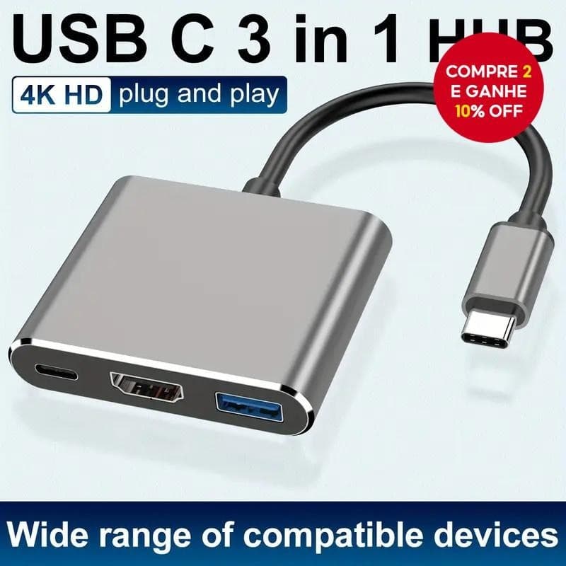 Hub Adaptador Usb-C 3 em 1 Thunderbolt 3 HDMI 4K Usb 3.0 PD 60w P/ Notebook/ PC