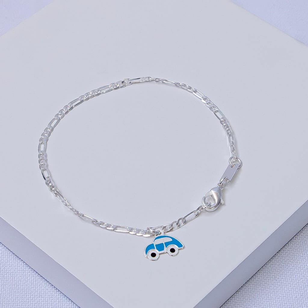 Pulseira Infantil Folheada Prata Elo 3x1 com Pingente Carro