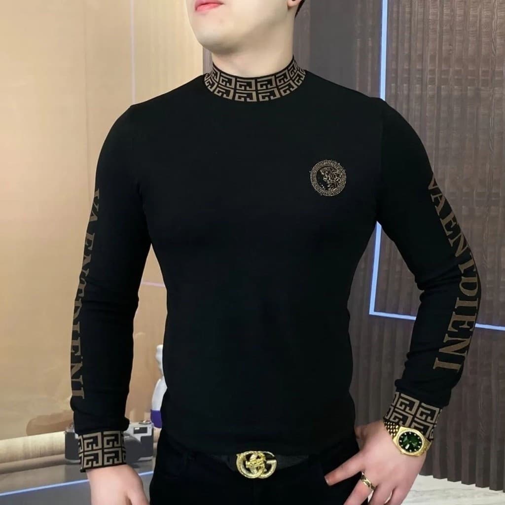 Camisolas Masculinas de Alta Qualidade, Manga Longa, Gola Meia Alta 5LWZ