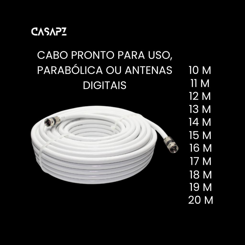 Cabo Coaxial Para Antena TV Pronto Com Conectores 10M 11M 12M 13M 14M 15M 16M 17M 18M 19M 20M
