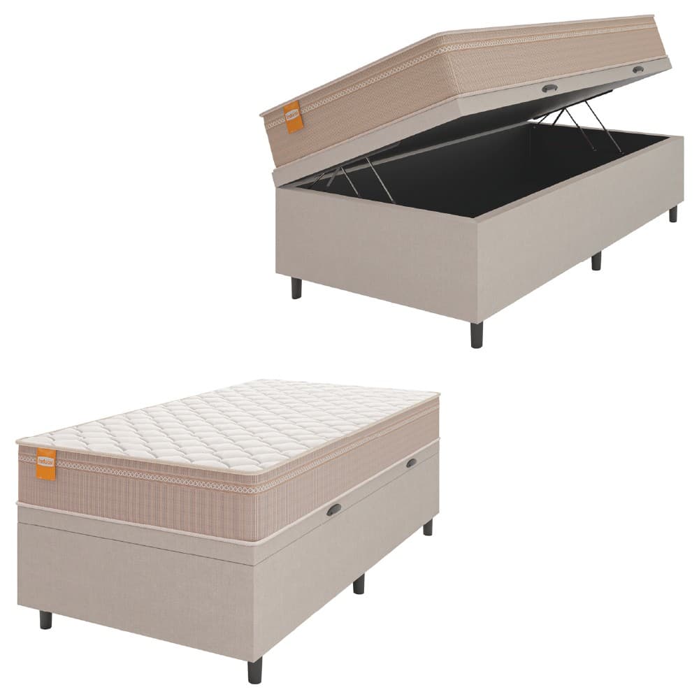 Cama Box Baú Solteiro Colchão Molas Qatar 88x188x63cm Bege/Branco Inducol - Suporta Até 200 Kg Por Pessoa