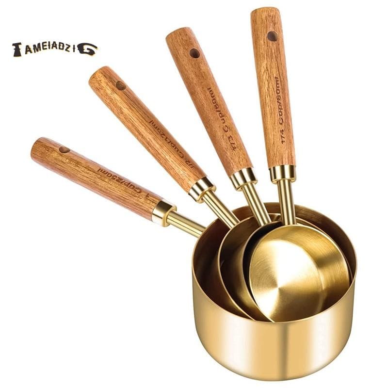 Conjunto De 8 Copos E Colheres Medidores , Cabo De Madeira Com Medidas Métricas Americanas , Aço Inoxidável , Para Cozin