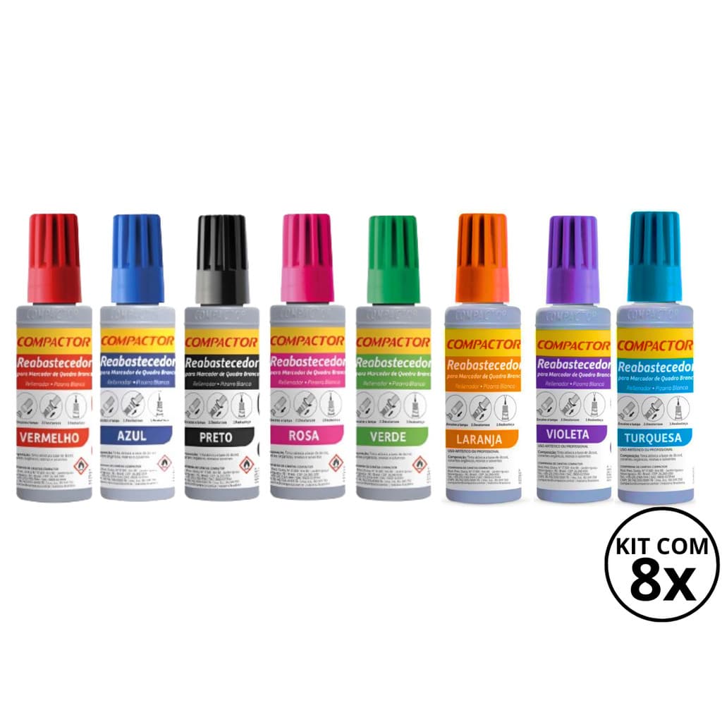 Kit 8 Reabastecedores  Refil Para Quadro Branco - COMPACTOR  30ml