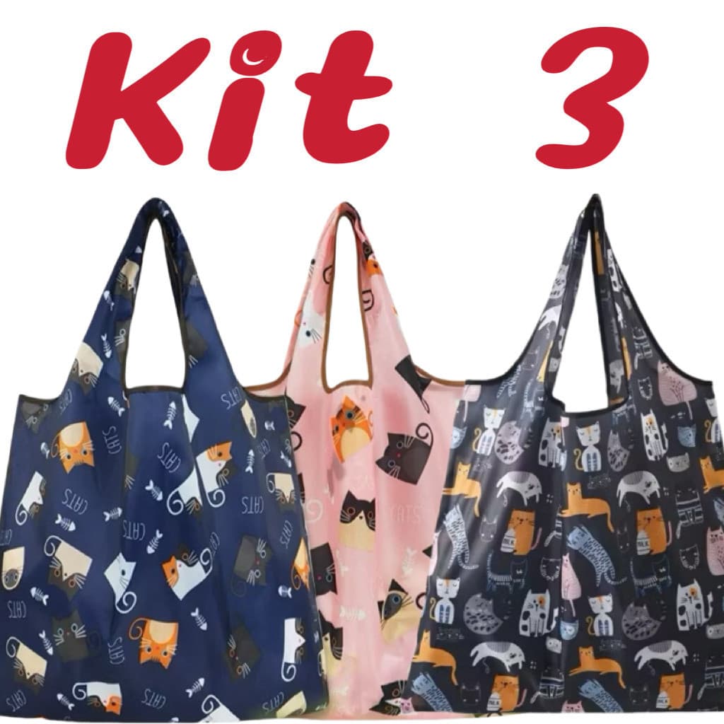 Kit 3  Bolsa de Ombro Dobrável Reutilizável Praia e Compras Cores e Padrões Aleatórios