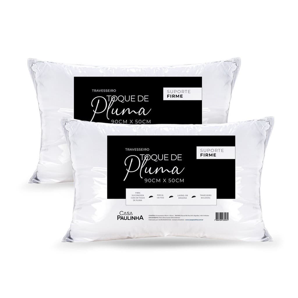 Kit 2 Travesseiros Toque De Pluma Suporte Firme 90x50 180 Fios Algodão
