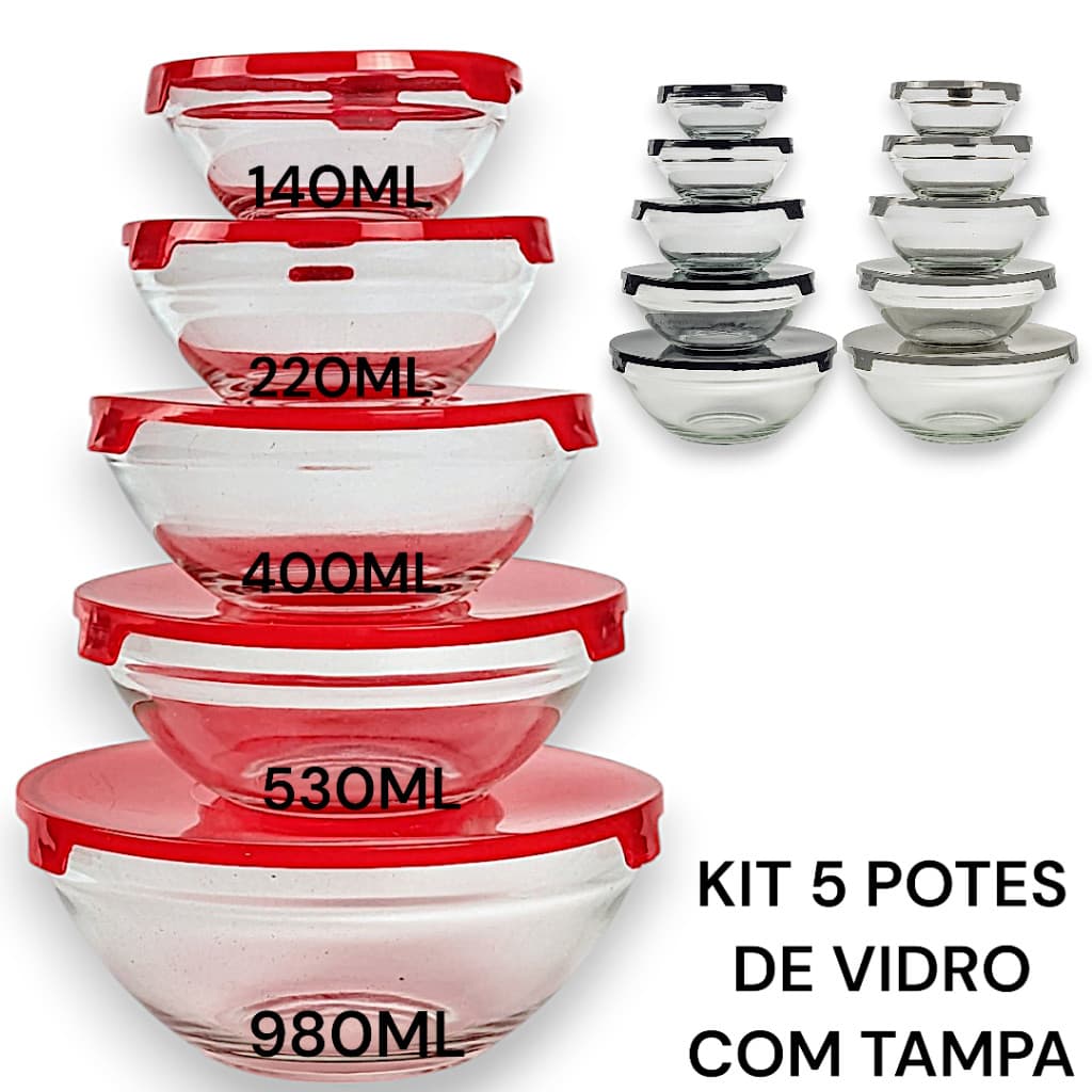 kit 5 Potes de vidro com Tampa Tigela Bowl Vasilha Sobremesa Petisqueira Forno Micro-ondas
