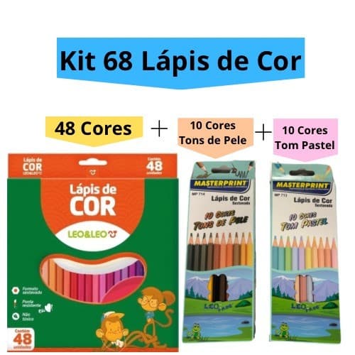 Kit 68 Lápis de Cor (48 CORES + 10 Cores Tom Pastel +10 Cores Tons de Pele) Sextavado Escolar