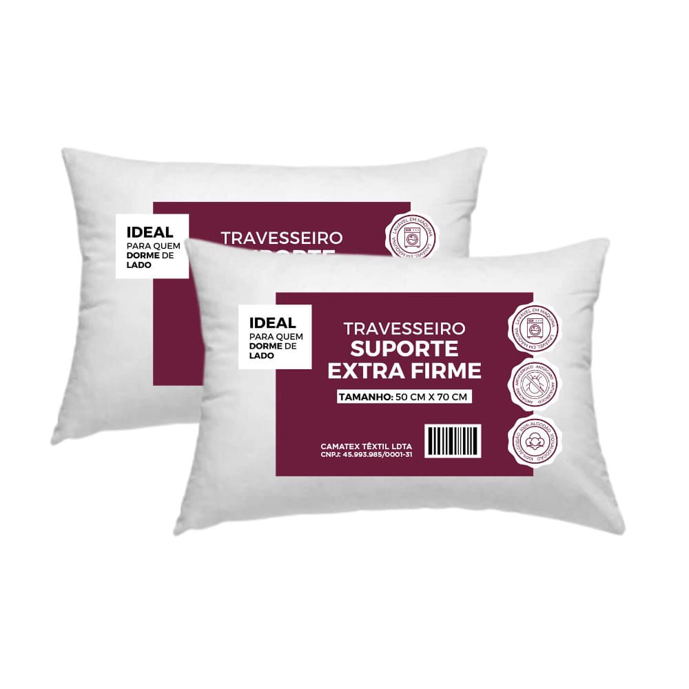 Kit 2 Travesseiros 50x70 Suporte Extra Firme Fibra Siliconada percal 100% Algodão