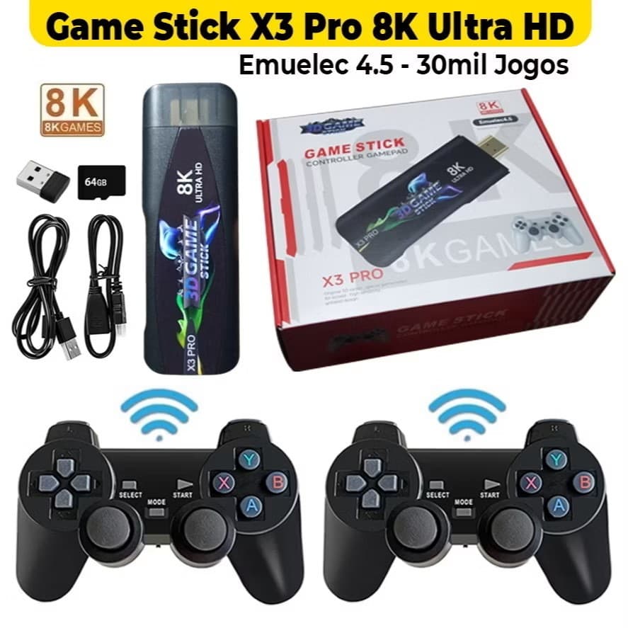 X3 Pro Ultra Hd 8K 64GB +2 Controles Sem Fio +30mil Jogos Retrô Clássicos Emuelec 4.5
