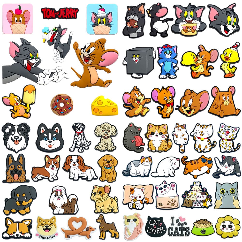 MEIDJ Encantos De Sapato 62 Gatos Cães Ratos E Queijo Padrão Decorações Acessórios De PVC Com Botão