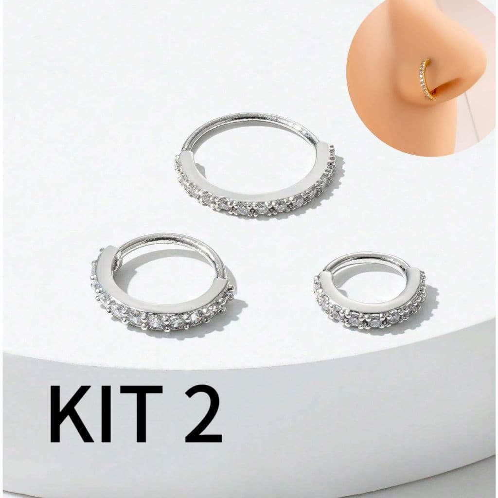 Kit 2 Piercing Aba nasal 8mm Nariz Cartilagem Argola Cravejado Strass