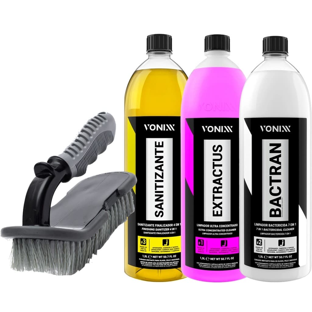Kit Vsc Limpador Bactericida Bactran Extractus Sanitizante Finalizador 4 em 1 Vonixx 1,5l Escova Limpa Carpete Karbox