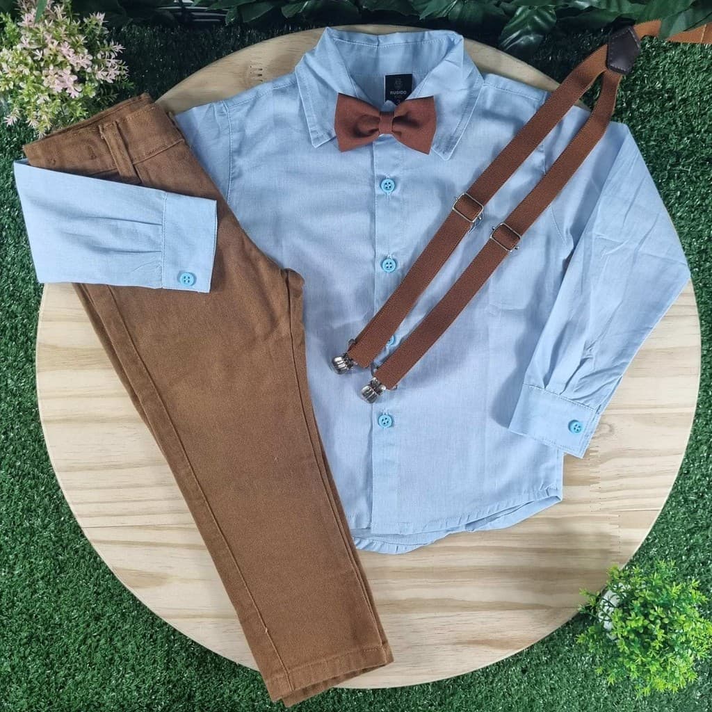 Calça Caramelo Camisa Longa Azul Clara Suspensório Gravata Batizado Pajem Casamento Formatura Infantil