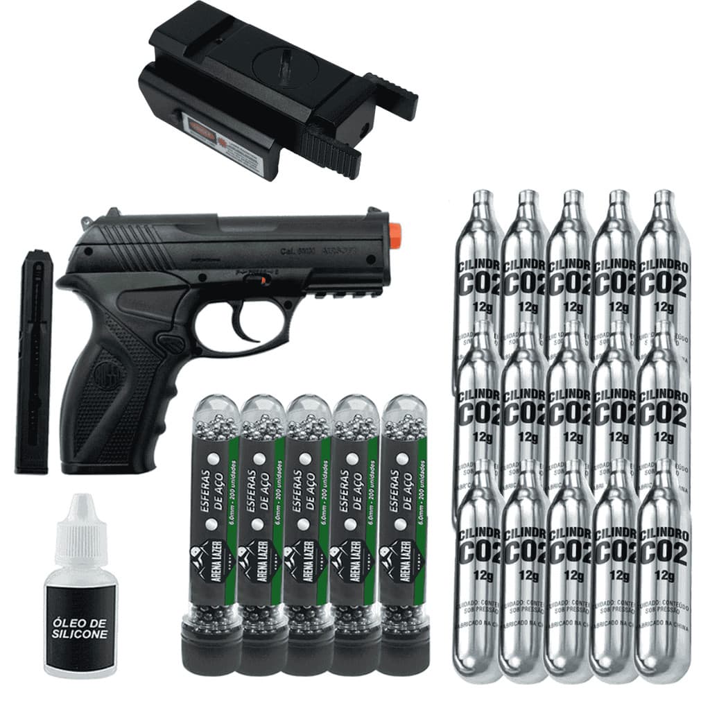 Pistola Airgun Rossi C11 6mm Kit Essencial + 15 CO2 + Munição de Aço + Óleo de Silicone + Emissor de Laser