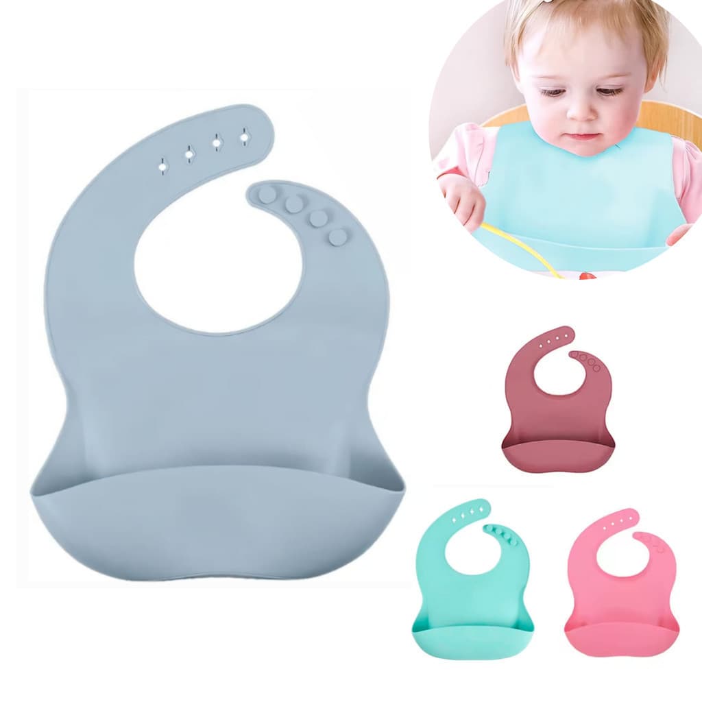 Babador Babete Silicone com Bolso pega Cata Migalhas Infantil Bebê Impermeável Ajustável