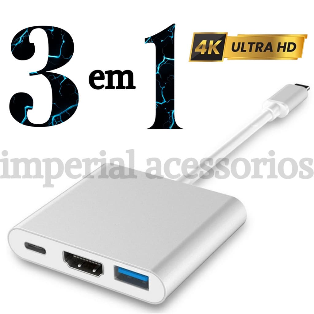 HUB 3 EM 1 Adaptador Tipo C Hdmi Usb Dex Compatível com S8 S9 S10 Note 8 9 10 Macbook
