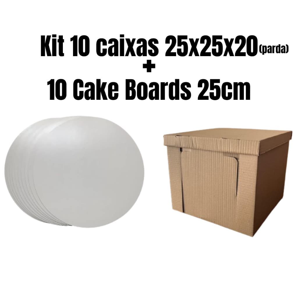 Kit 10 Caixas Parda Para Bolo 25x25x20cm e 10 Cake Board 25cm MDF Confeitaria