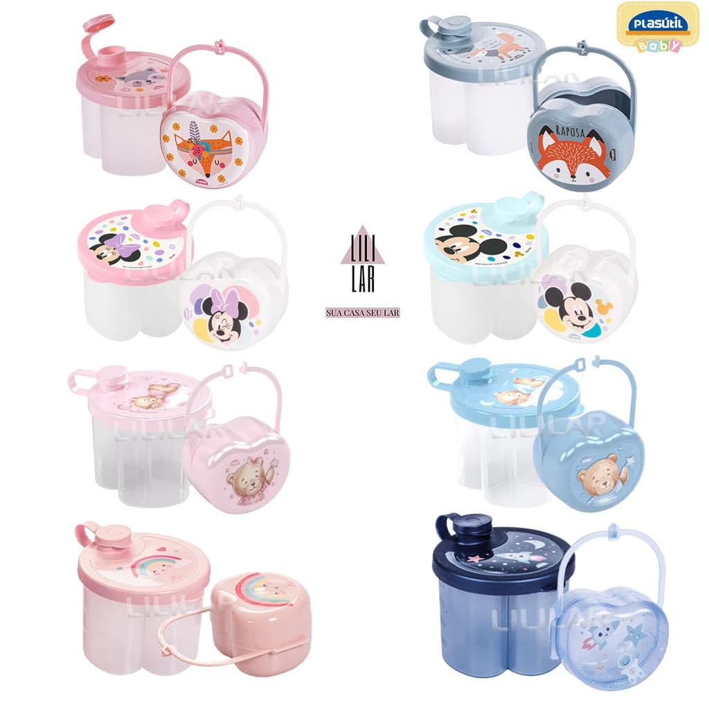 Kit Dosador de Leite em Pó 3 Divisórias e Porta Chupeta com Alça