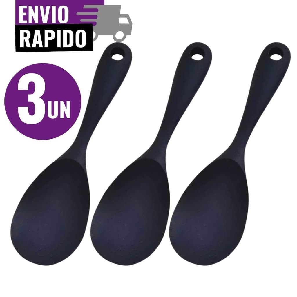 Jogo 3 Colher de Servir Silicone Arroz Utensílio Antiaderente Multiuso Preparar Não Risca Panela